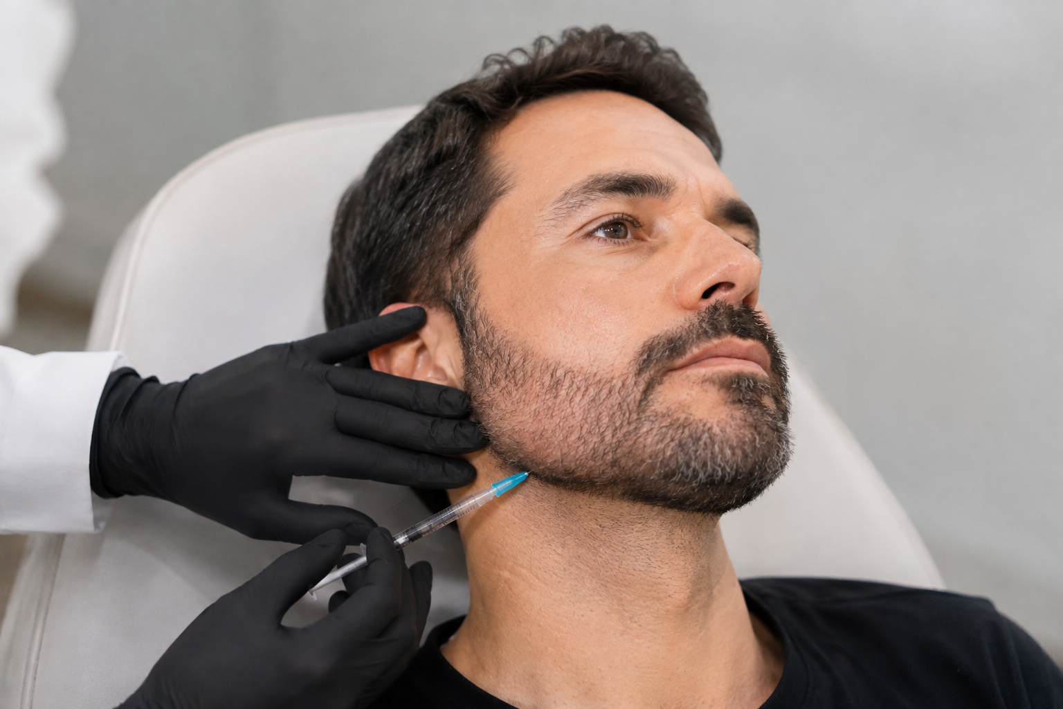 Contorno de mandíbula masculina sendo avaliado para preenchimento